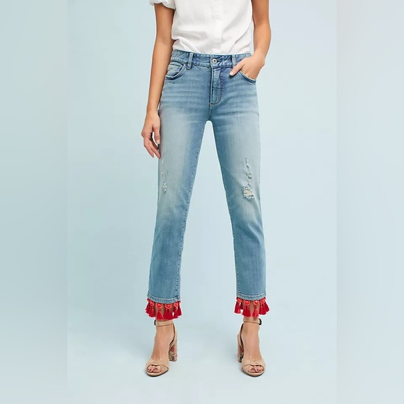 Pilcro and the Letterpress Denim - Anthropologie Pilcro and the Letterpress Slim Boyfriend Red Tassel Cropped Jeans